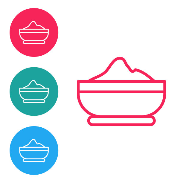 白色背景上孤立的面粉碗图标。烘焙原料。健康的有机食品。厨房用具。面团做饭。在圆形按钮中设置图标。向量图片下载