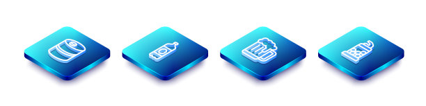 设置等距线金属啤酒桶，塑料瓶，木杯和开瓶器图标。向量图片下载