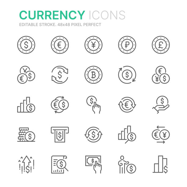 与货币相关的轮廓图标的集合。48 x48像素完美。可编辑的中风图片下载