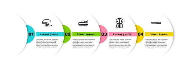 装备军用头盔、坦克、降落伞、急救箱和小刀。业务信息模板。向量图片下载