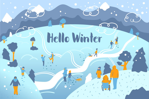 人们在公园里散步。冬天的公园景观。成人和儿童的冬季户外活动。和孩子们在外面的雪地里玩。坐轮椅的残疾人，带孩子的家人，摆姿势拍照的女人素材图片