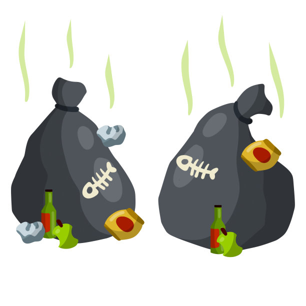 垃圾袋。装着垃圾的黑色袋子。空的绿色啤酒瓶，香蕉皮，罐子，皱巴巴的纸。处理和回收的问题。卡通平面插图。设置取消图片下载