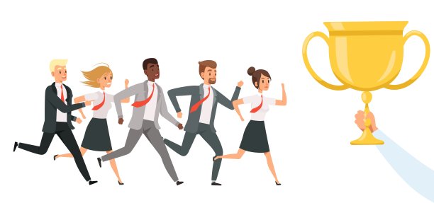 业务人员的竞争。男人奔奖杯女人奔奖杯，金杯最佳员工矢量概念图片下载