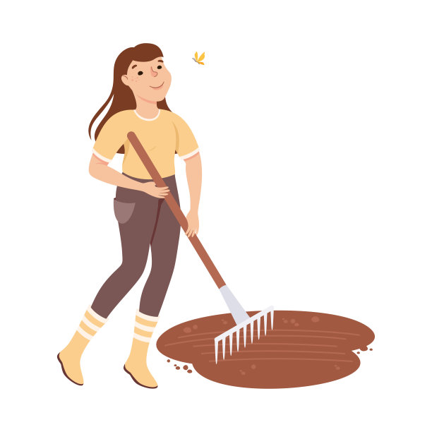 年轻妇女农民或农业工人用耙培植土壤或地面矢量插图图片下载