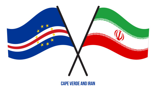 佛得角和伊朗旗帜交叉和挥舞的平风格。官方的比例。正确的颜色。图片下载
