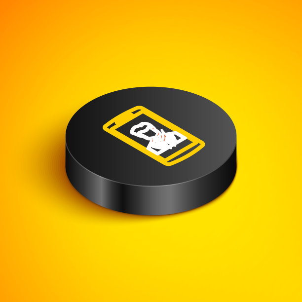 等距线智能手机与接触屏幕图标隔离在黄色背景。来电。手机屏幕上的人类。电话联系。黑色圆按钮。向量图片下载