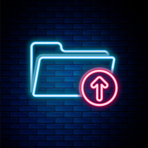发光的霓虹灯线上传文件图标隔离砖墙背景。文件文档的象征。文档箭头。色彩斑斓的轮廓的概念。向量图片下载