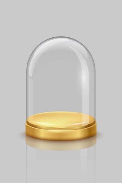 灰色背景上的玻璃圆顶。水晶箱与圆形的金色托盘矢量插图。空的现实的圣诞容器，展示或展示产品展示图片下载