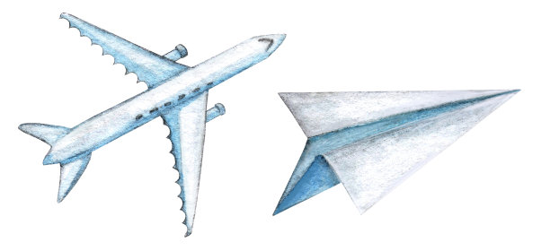 水彩手绘一套平面插图。旅行飞机和纸飞机。旅游、航空运输理念图片下载