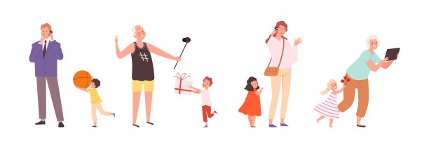 对孩子。孩子需要关爱，成年人使用手机和平板电脑。高科技成瘾，父母与孩子矢量人物活跃图片下载