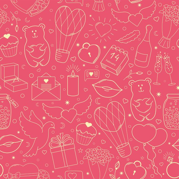情人节快乐。有趣的无缝矢量手绘元素模式图片下载