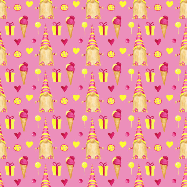 水彩情人节无缝模式上的粉红色背景。斯堪的纳维亚地精，礼物，冰淇淋，纽扣，心形图案。可爱的粉色和黄色浪漫的数字纸。墙纸。图片下载