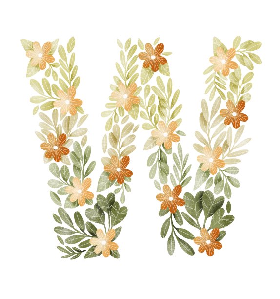 有花的字母W，有橙色的花和绿色的叶子。图片下载