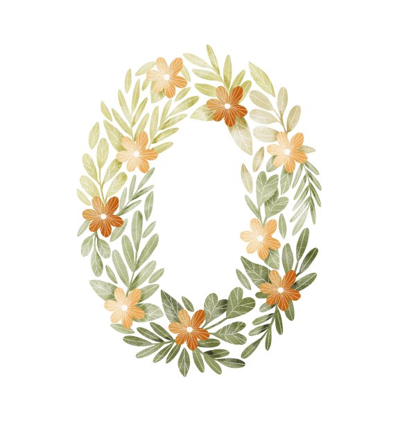 字母O花字母与橙色的花和绿色的叶子。图片下载