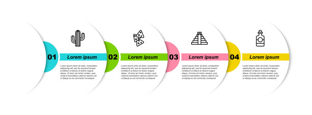 Set line Cactus, Nachos, Chichen Itza在玛雅和龙舌兰瓶。业务信息模板。向量图片下载