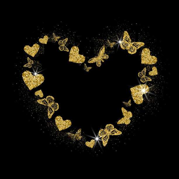 心形的黄金闪闪的心和蝴蝶。美丽的金色框架上的黑色背景。为情人节，婚礼邀请函，卡片，品牌，概念设计。矢量插图。图片下载