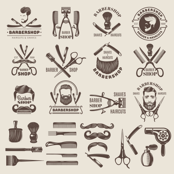 理发店徽章。剪刀梳子刷刀片吹风机最近矢量标志的理发店图片下载