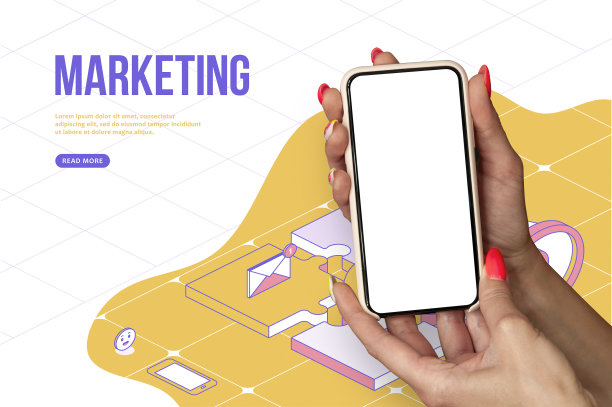 市场营销的概念。一个有着漂亮指甲的女孩手里拿着一个智能手机模型，背景是设计作品。图片下载