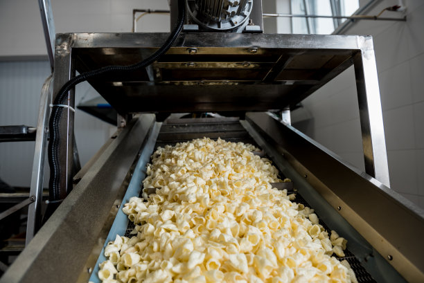 现代化工厂中油炸零食和薯条的输送线图片下载