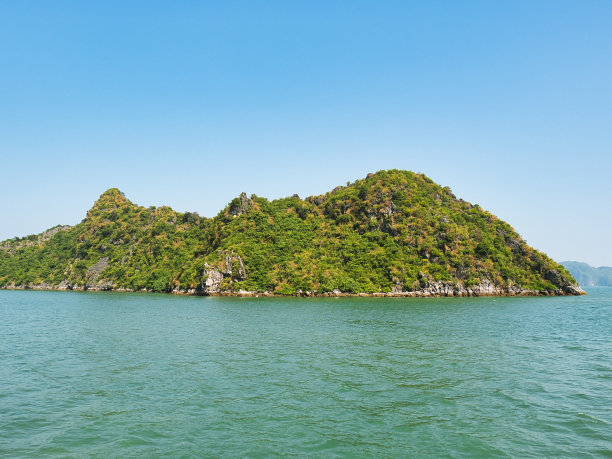 在阳光明媚的日子里，从海上俯瞰越南下龙湾的石灰岩岛屿和树木图片下载
