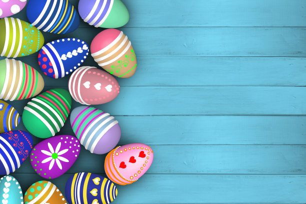 彩色彩蛋3d渲染模型，木制设计背景，明信片，复活节概念，基督教传统，节日图片下载