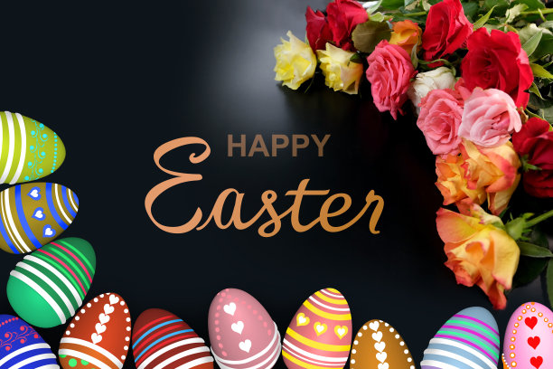 彩绘彩蛋3d渲染模型，玫瑰花，设计背景，明信片，复活节概念图片下载