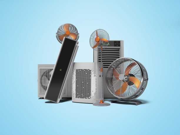 冷热通风设备和空调的3D渲染概念与蓝色背景与阴影图片下载