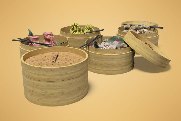 点心中国菜概念孤立的3D渲染在橙色背景与阴影图片下载