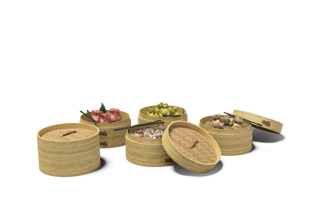 Dim Sum概念组隔离的3D渲染在白色背景与阴影图片下载