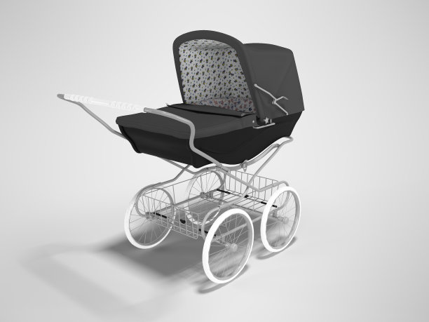 3D渲染黑色婴儿车与行李承运人在灰色背景与阴影图片下载