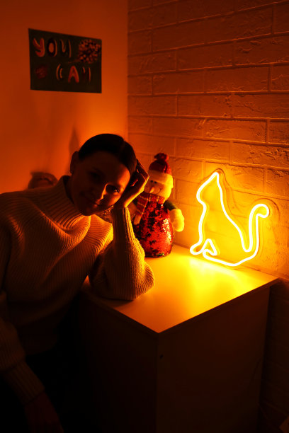 装饰着霓虹灯黄色猫咪的年轻女孩。圣诞快乐背景。新年。潮流风格。图片下载