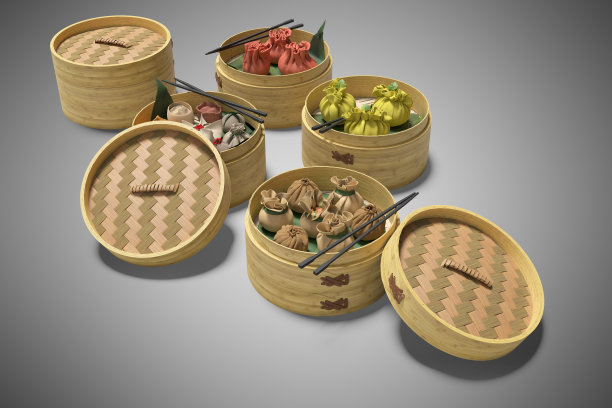 Dim sum light dish group三维渲染在灰色背景和阴影上图片下载