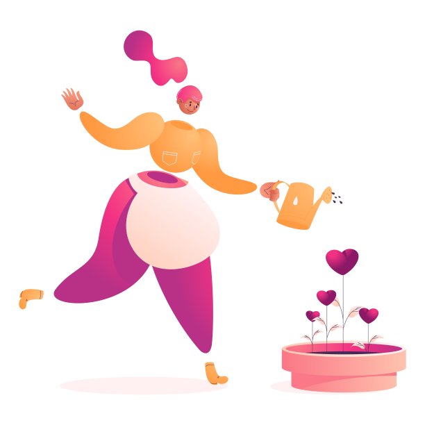 孤立在白色背景的女人浇花花盆与心植物。用充满活力的粉色和黄色渐变来描绘爱的概念，社交媒体的支持图片下载