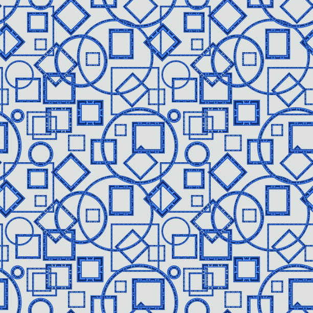 菱形和正方形的蓝色希腊装饰珠子边框上的灰色背景。巴洛克丝织无缝印花、蜡染、墙纸、包装纸图片下载