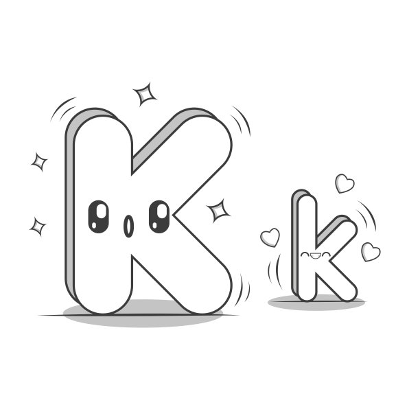 字母K卡哇伊风格黑色和白色。字母表字符图片下载