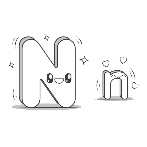 字母卡哇伊风格黑色和白色。字母表字符图片下载