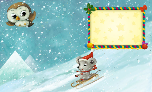 卡通的冬天场景与动物在雪地上有有趣的插图图片下载