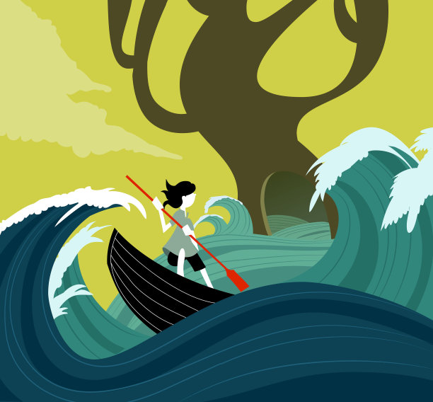 儿童在一艘小船上航行在暴风雨的水域-幻想世界的海报图片下载