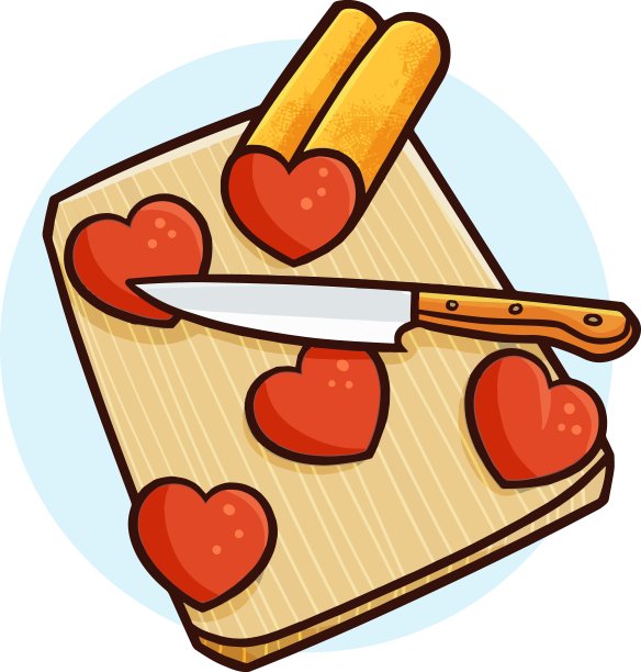有趣的心被切在砧板上，简单的涂鸦风格的子弹图片下载