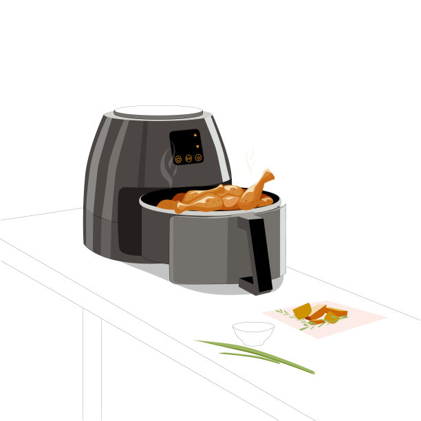 在油锅里烹饪美味的鸡肉。智能技术。矢量平面插图图片下载