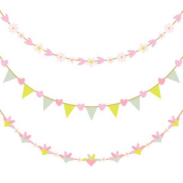 可爱的春天粉色柔和的颜色心和花悬挂装饰横幅设置在白色的背景图片下载