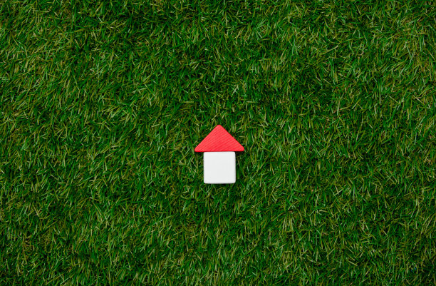 绿色草地上木制玩具屋的概念。以上观点图片下载