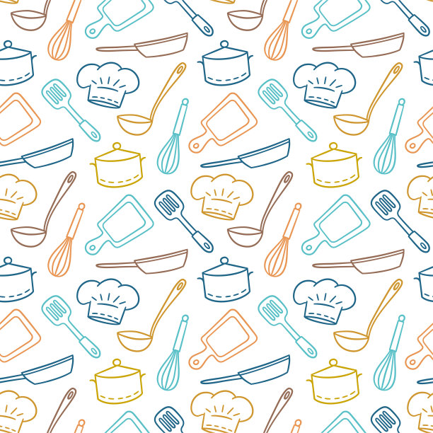 以厨师、厨房、厨师为主题手绘无缝图案。矢量插图涂鸦风格图片下载