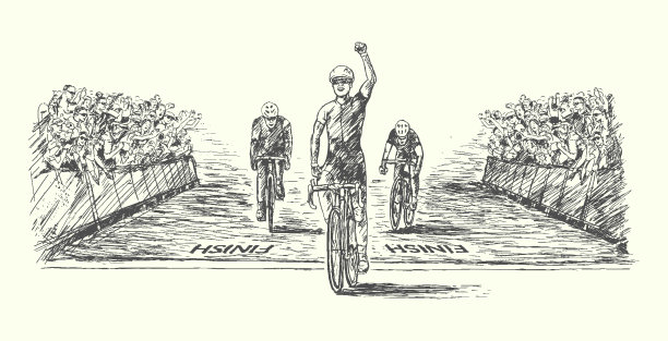 自行车比赛以冠军第一个冲过终点线和观众的掌声、领导、激励。手绘风格，孤立，矢量EPS见少图片下载