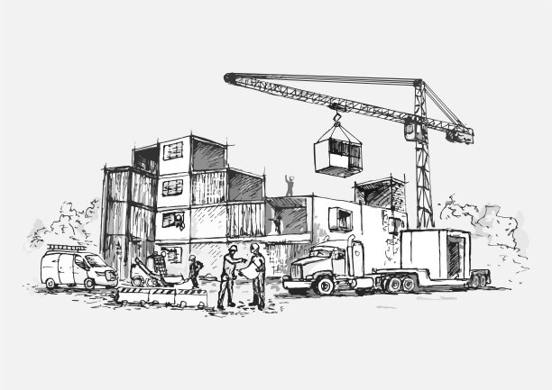 有机械和施工人员的模块化公寓或办公楼的施工地点。手绘。孤立。向量图片下载