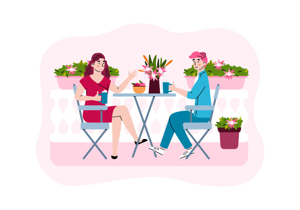 情侣阳台或开放式露台上带花，平面卡通矢量插图。图片下载