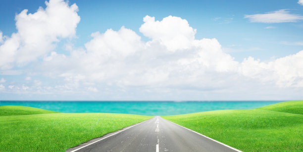 路穿过绿草地通向大海图片下载