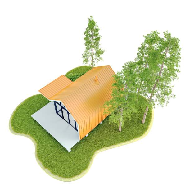 在一个岛上有绿色草坪和冷杉树的橙色屋顶的斯堪的纳维亚风格谷仓的俯视图现代白色框架小房子。在白色背景上的3D插图，孤立图片下载