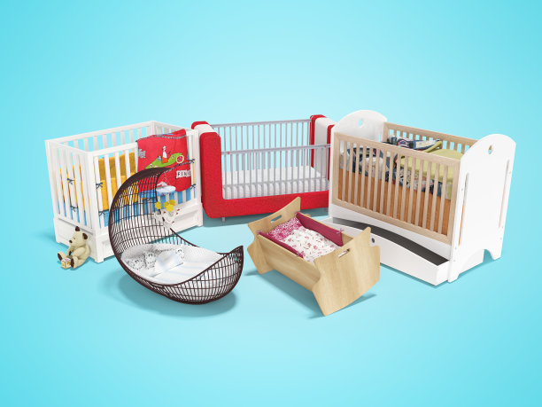 婴儿床的3d渲染集在蓝色的背景与阴影图片下载