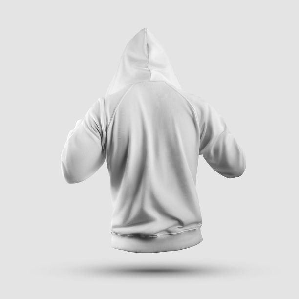 时尚的白色帽衫模板3D渲染在一个直的形状兜帽，男子服装孤立的背景，背面视图。图片下载